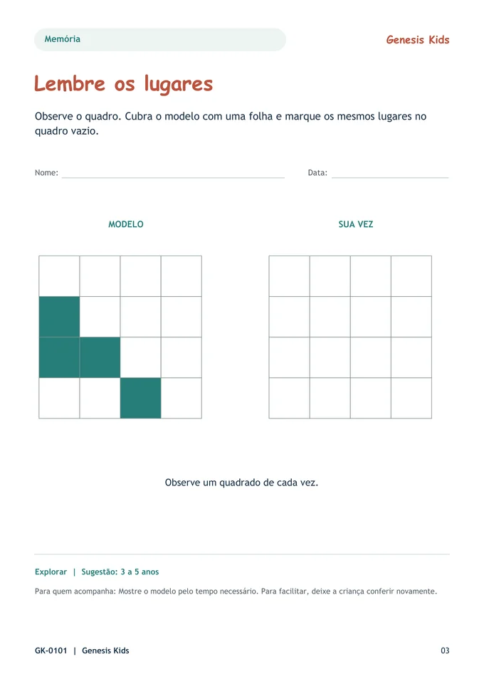 Página real da amostra Lembre os lugares, código GK-0101