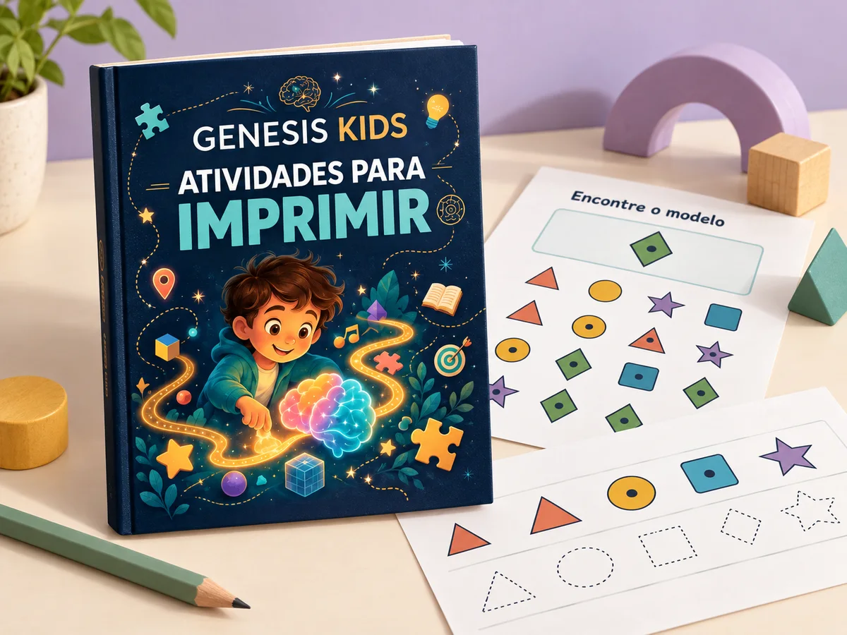Apresentação ilustrativa do material Genesis Kids com caderno de atividades e folhas para imprimir