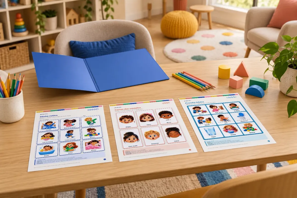 Mockup ilustrativo do Kit TEA & TDAH na Prática com recursos impressos sobre uma mesa de atendimento